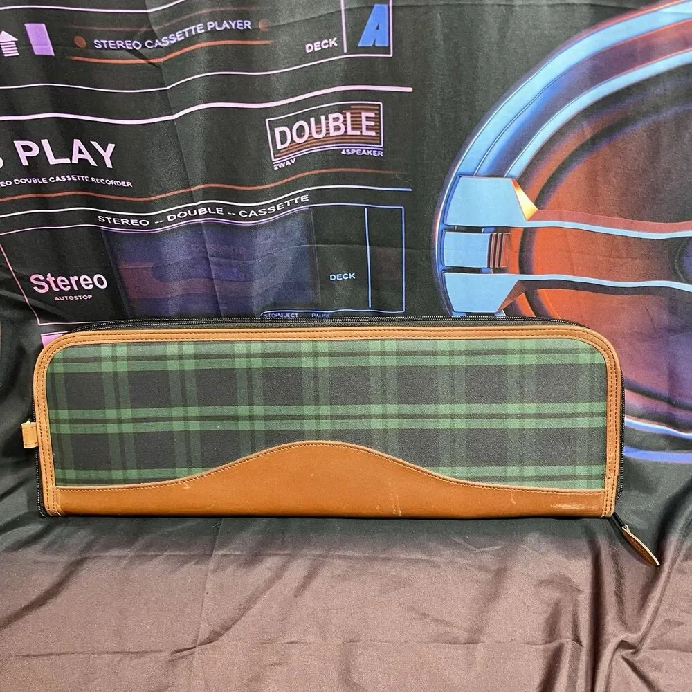 Roundtree & Yorke Travel Tie Holder Zip Leather Trim Blue Green Plaid
